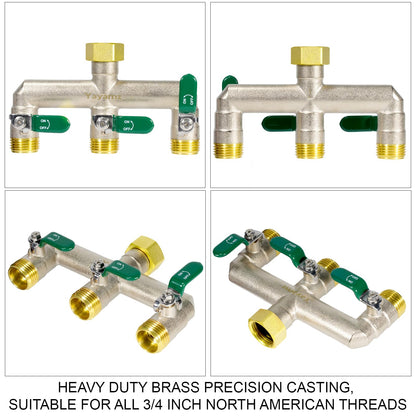 Yayamz Heavy Duty Brass Garden Hose Splitter - 3-Way 3/4" GHT Thread, High Flow Faucet Splitter, Water Hose T Spigot Splitter with Shutoff Valves, Water Adapter & Connector-Long Metal Handle