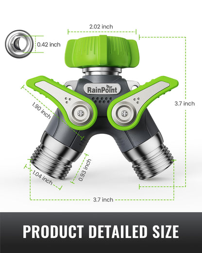 RAINPOINT Garden Hose Splitter, 2 Way Heavy Duty Water Hose Y Spigot Splitter with Shutoff Valves, 100% Metal Body Outdoor Faucet Splitter, 1.9" Extra Long Metal Handle, 3/4" GHT Thread (1, Green)