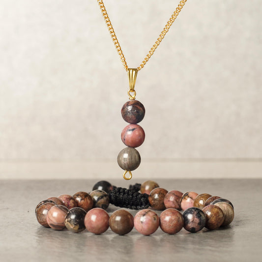 Rhodonite Bracelet & Pendant necklace - Natural Rhodonite Stone jewlery set handcrafted with 8 mm Beads, For Self-love and Self-acceptance - Free Size Unisex Adult