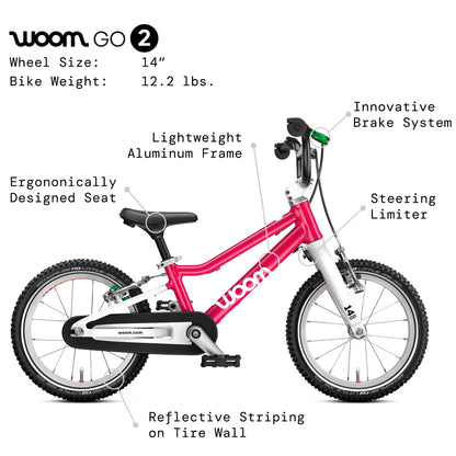 woom GO 2 Bicycle for Children 3 to 4.5 Years Old, 14-Inch Lightweight Bike with Handbrake, Steering Limiter & Chainguard for Boys & Girls - GO 2 - Hot Pink