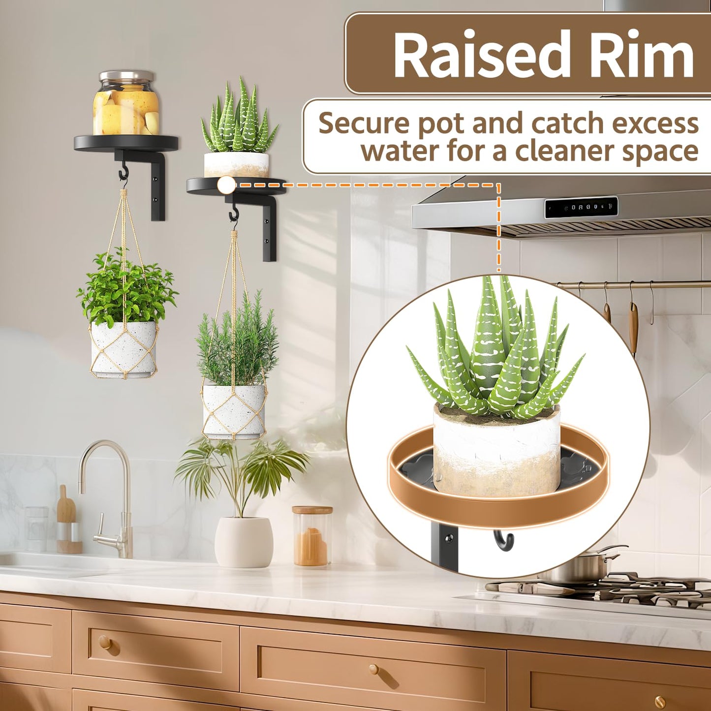 LASZOLA Plant Hangers Shelves Wall Mounted Indoor, Metal Window Plant Holders, 3Pcs Modern Floating Flower Display Stand with 3 Hooks for Outdoor Kitchen Bathroom Decor, Black
