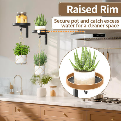 LASZOLA Plant Hangers Shelves Wall Mounted Indoor, Metal Window Plant Holders, 3Pcs Modern Floating Flower Display Stand with 3 Hooks for Outdoor Kitchen Bathroom Decor, Black