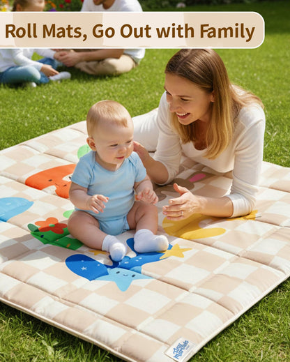Baby Play Mat, Foldable Play Mats for Floor, 50x50 Inches Crawling Mat for Playpen with Anti-Slip Bottom, Machine Washable, Thicken Padding Foam Playmats for Babies and Toddlers (Sand Checks)