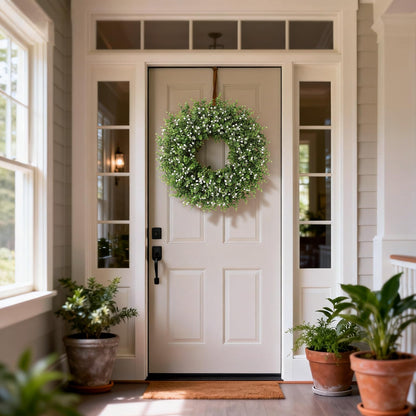 26" Artificial Eucalyptus Wreath with Baby's Breath for Front Door - Faux Eucalyptus Leaves, Fake Spring/Summer Greenery Flowers Wreath for Porch, Farmhouse, Wall, Window Outdoor Decor(White-Green)