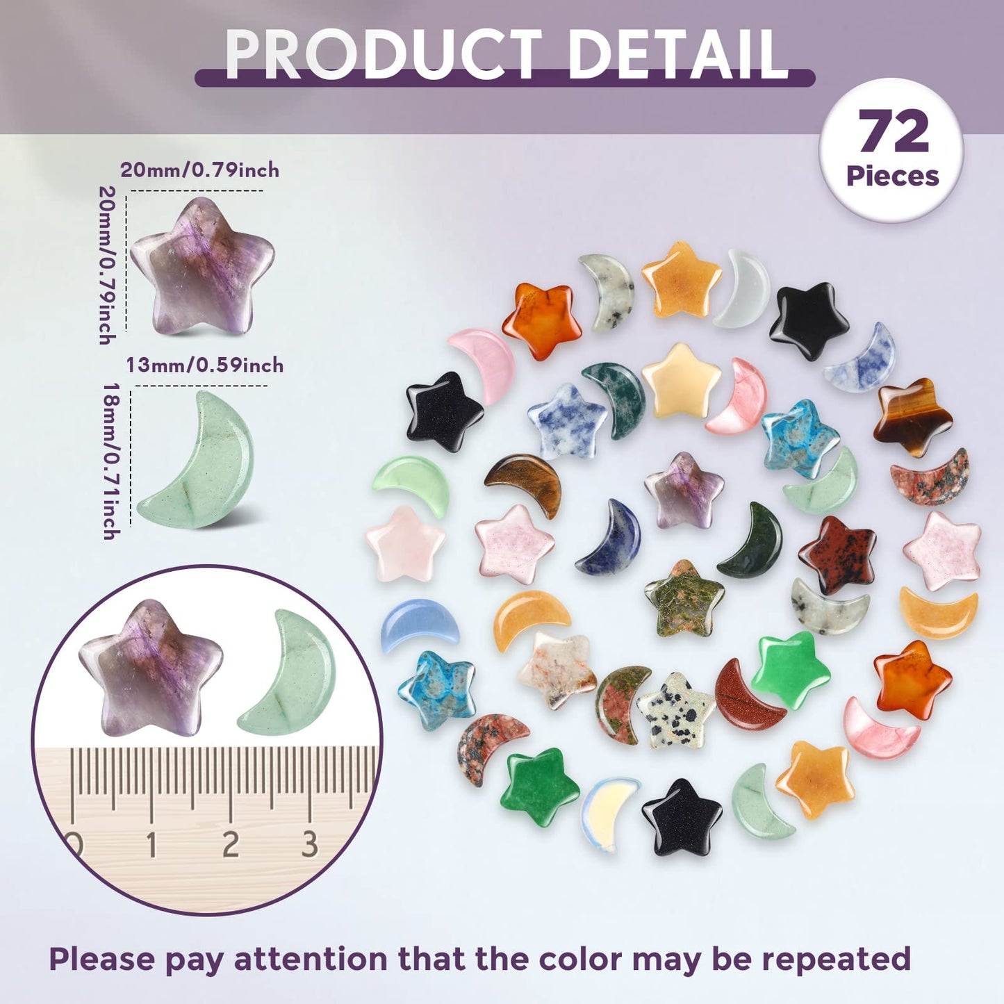 Nuenen 72 Pieces 0.8 inch Star and Moon Worry Stones Crystal Bulk Moon Shaped Thumb Gemstones Polished Pocket Star Palm Stones Bulk for Witchcraft Meditation Reiki Balancing Decor