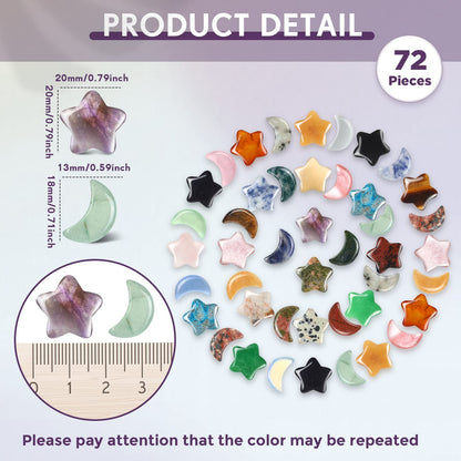 Nuenen 72 Pieces 0.8 inch Star and Moon Worry Stones Crystal Bulk Moon Shaped Thumb Gemstones Polished Pocket Star Palm Stones Bulk for Witchcraft Meditation Reiki Balancing Decor