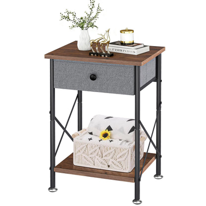VECELO End Tables, Modern Nightstand with Fabric Drawer & Open Shelf, Night Stand for Bedroom Living Room, Industrial Metal Frame, Easy Assembly, Rustic Brown,1 Pack