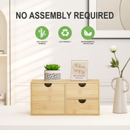 Wisuce Desk Organizer with Drawers - Bamboo Desktop Organizer Storage | White-Natural Wood Desk Drawers Organizer for Bills, Office Supplies, Cosmetics, Seals No Assembly Required(3 drawers edge-free)