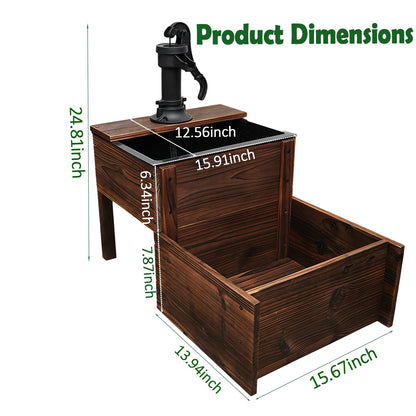 Borsynium,Outdoor Water Fountain，Floor Wooden Rectangular Double-Layer Old-Fashioned Pump Fountain with Flower Box，Plug-in Electric Decorative Hand Pump,Outdoor Water Feature for Garden Patio Backyard