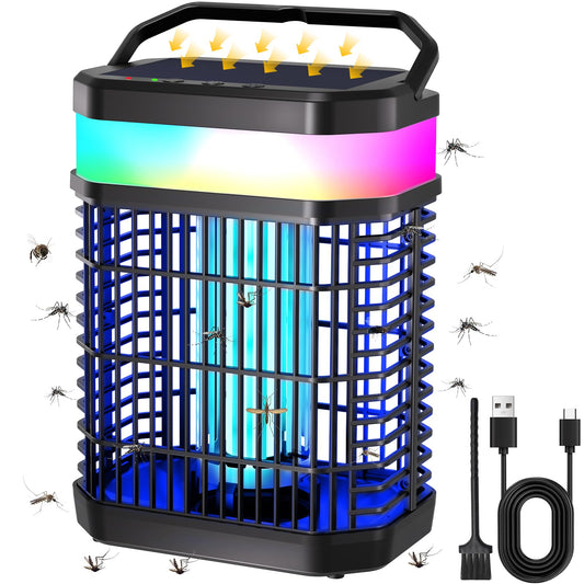 Solar Bug Zapper Outdoor, 4 in 1 Portable & Rechargeable Bug Zapper Outdoor with 5000mAH Battery, 4000V Mosquito Zapper Waterproof with LED Night Light, for Camping, Patio, Backyard (Black)