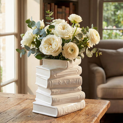 Solsew Ceramic Book Shaped Vase for Flowers 7" x 5.9" x 4.1" Small Ceramic Book-Shaped Vase Cute Bookshelf Decor Flowerpot for Book Lovers Gift Home Office Bookshelf Dining Table Decor(White)