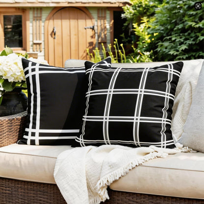 Adabana Pack of 2 Outdoor Waterproof Plaid Throw Pillow Covers Farmhouse Decorative Black Tartan Outdoor Pillow Covers for Patio Furniture Beach Chair 18x18 inch, Black
