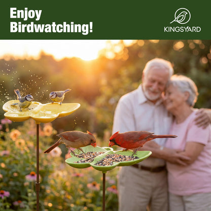 Kinsgyard 2 Pack Free Standing Tray Bird Feeders with Adjustable Pole, Wild Bird Bath for Outdoor Garden Yard Decor, Large Seed Capacity, Easy to Clean and Refill, Yellow & Green