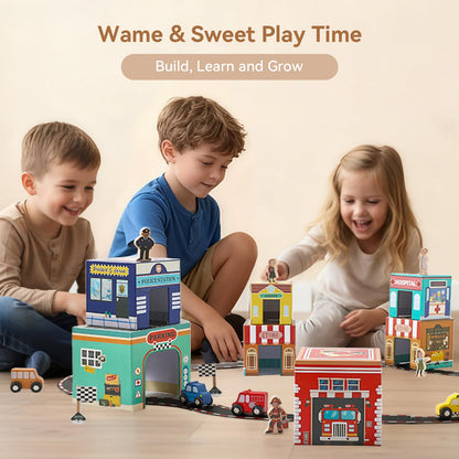 3-in-1 Sorting and Stacking Toys for Toddlers | Wooden Community Helpers, Nesting Boxes & Vehicle Track | Montessori Preschool Learning Toys Gift for 2 3 4 Year Old Boys Girls
