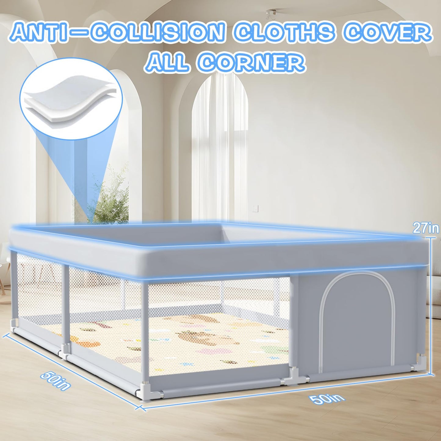 XVISHX Baby Playpen with Mat, 50x50 Inch Play Pen, Playpen for Babies and Toddlers, Baby Playard for Indoor & Outdoor Active Center Game Fence, with Skin-Friendly Fabric and Soft Breathable Mesh