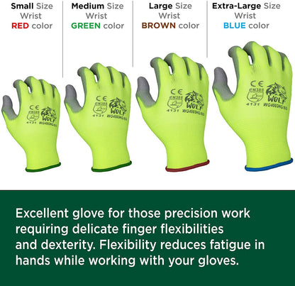 WOLF High-Viz Green Ultra-Thin PU Palm Coated Work Glove, Indoor/Outdoor, Construction, Maintenance, Gardening, Mechanic, Warehouse, Multi-Purpose, Flexible Grip, Small (Pack of 12)