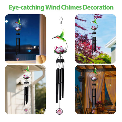 MUMTOP Solar Wind Chimes for Outside - Hummingbird with Lotus Crack Glass Ball Lights Wind Chimes Outdoor Unique, Windchimes Clearance for Garden, Patio,Yard Decor Gift