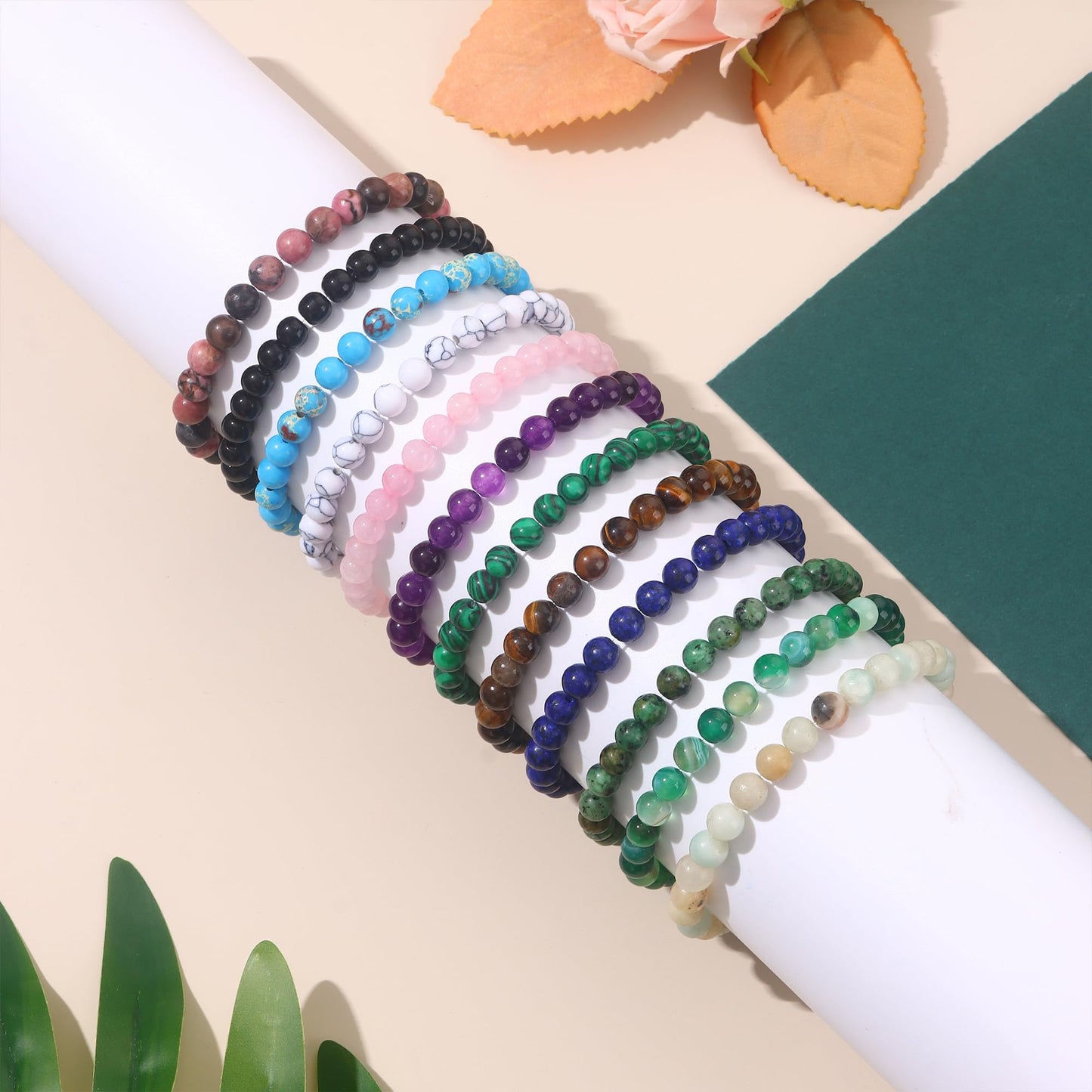 FIRAZIO 12PCS 6mm 8mm Gemstone Beaded Bracelets for Women Semi-Precious Natural Crystal Bracelets Round Beads Gemstones Stretch Bracelet Jewelry Gift