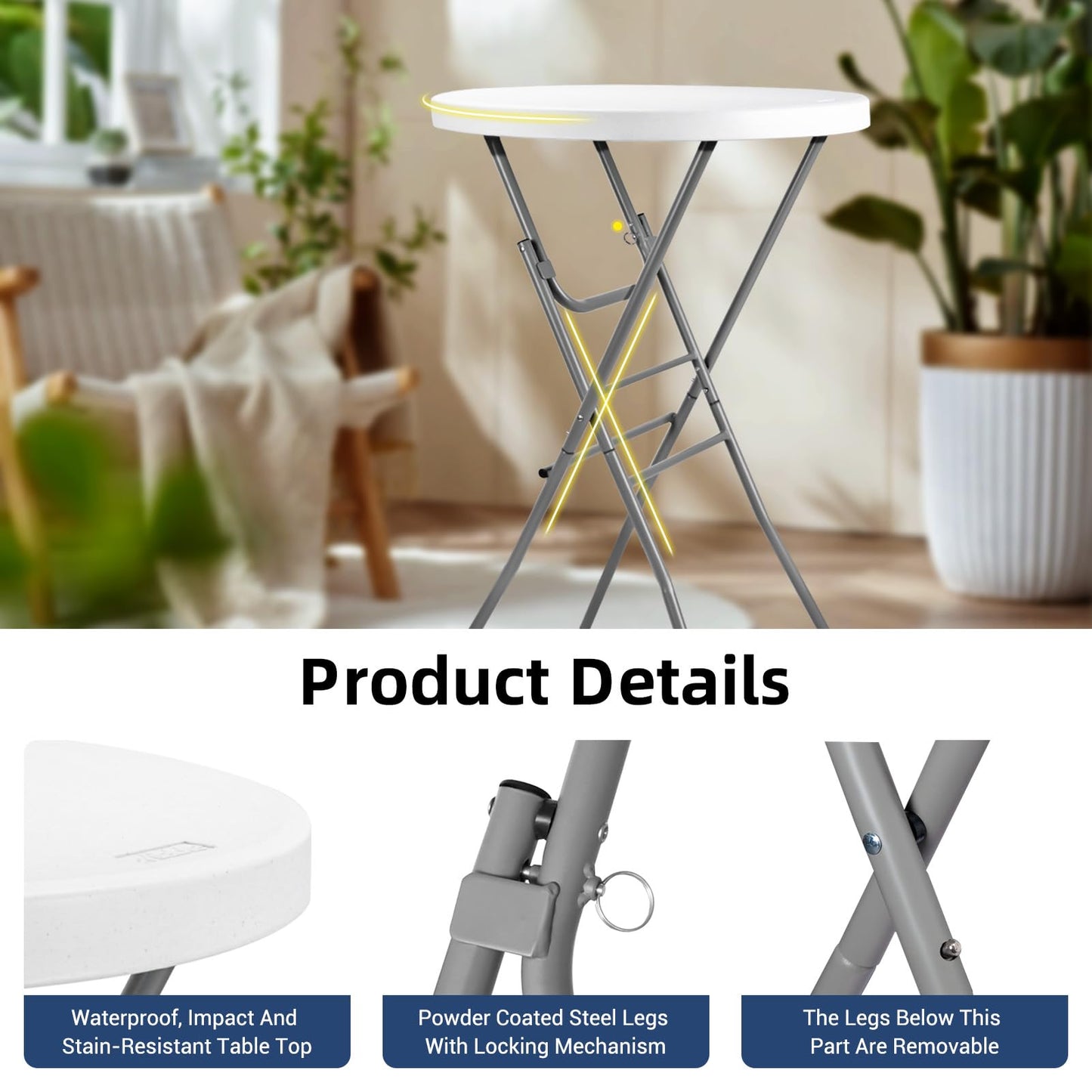 Byliable 28in Cocktail Table White High Top Folding, Round Portable Bar Height Folding Table with Removable Legs, Indoor Outdoor Banquet for Parties, Commercial, Speech, School