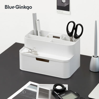 BLUE GINKGO Compact Desk Organizer – Small 5-Compartment, Half Drawer Storage – Pen Holder, Stationery Organizer for Desktop, Vanity, Shelf (Made in Korea, White)
