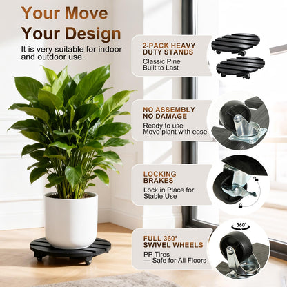 IBGUC 2 Pack Plant Caddy with Wheels 13'' Rolling Plant Stand Indoor Outdoor, Heavy Duty Wooden Plant Stand with Wheels 300Lbs Capacity with 360°Lockable Rolling Base for Pot, Planter, Tray, Patio