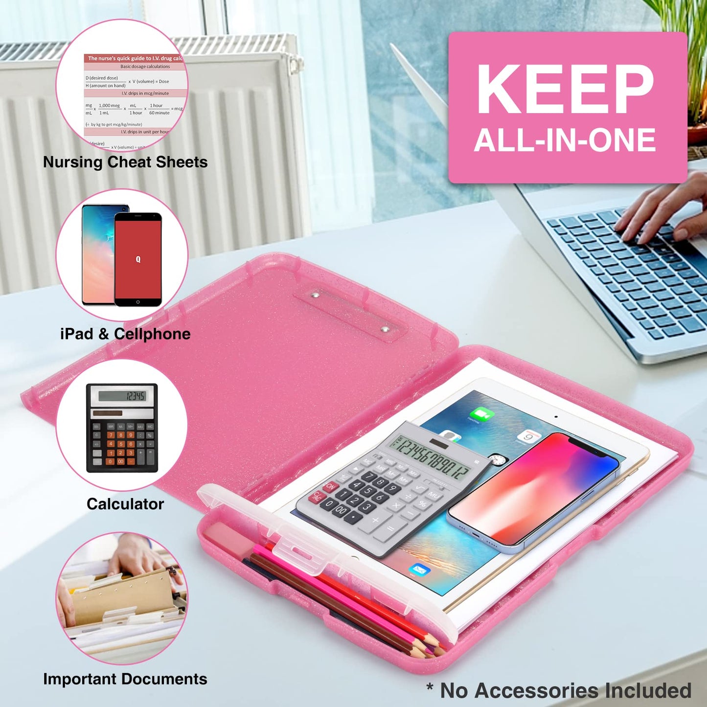 Sooez Glitter Clipboard with Storage, High Capacity Clip Boards 8.5x11 with Pen Holder, Cute Clipboards with Low Profile Clip, Sparkle Plastic Organizer Case Box for Women & Kids, Side Opening
