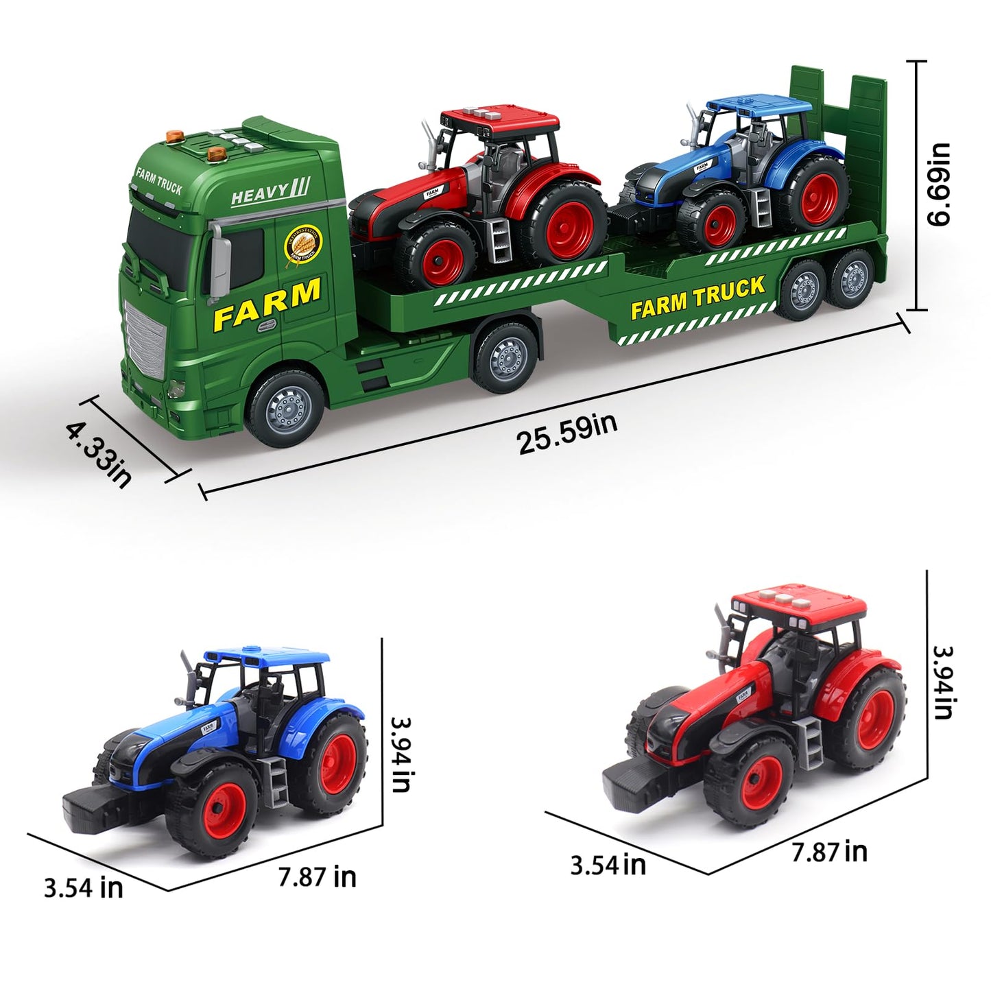Joysweetoy 25’’ Large Flatbed Semi Truck Toy for Kids - 3 in 1 Friction Powered Farm Vehicles with 2 Tractors, Lights & Sounds - Car Toy Gift for 3 4 5 6 7 8 Year Old Boys Girls Toddlers