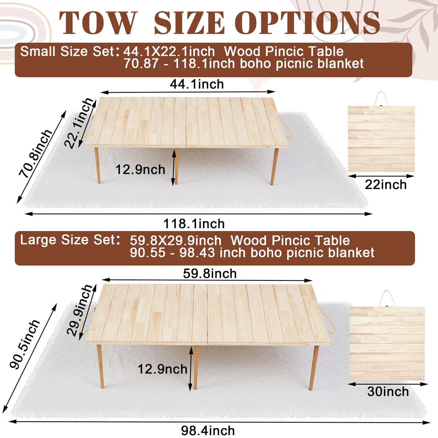 Hahafelt 2 Set Low Picnic Table, Foldable Boho Picnic Table with Extra Large Outdoor Camping Blanket Portable Boho Wood BBQ Tables for Camping Wedding Beach BBQ Party (44.1''x22.1''x12.9'',Wood Color)