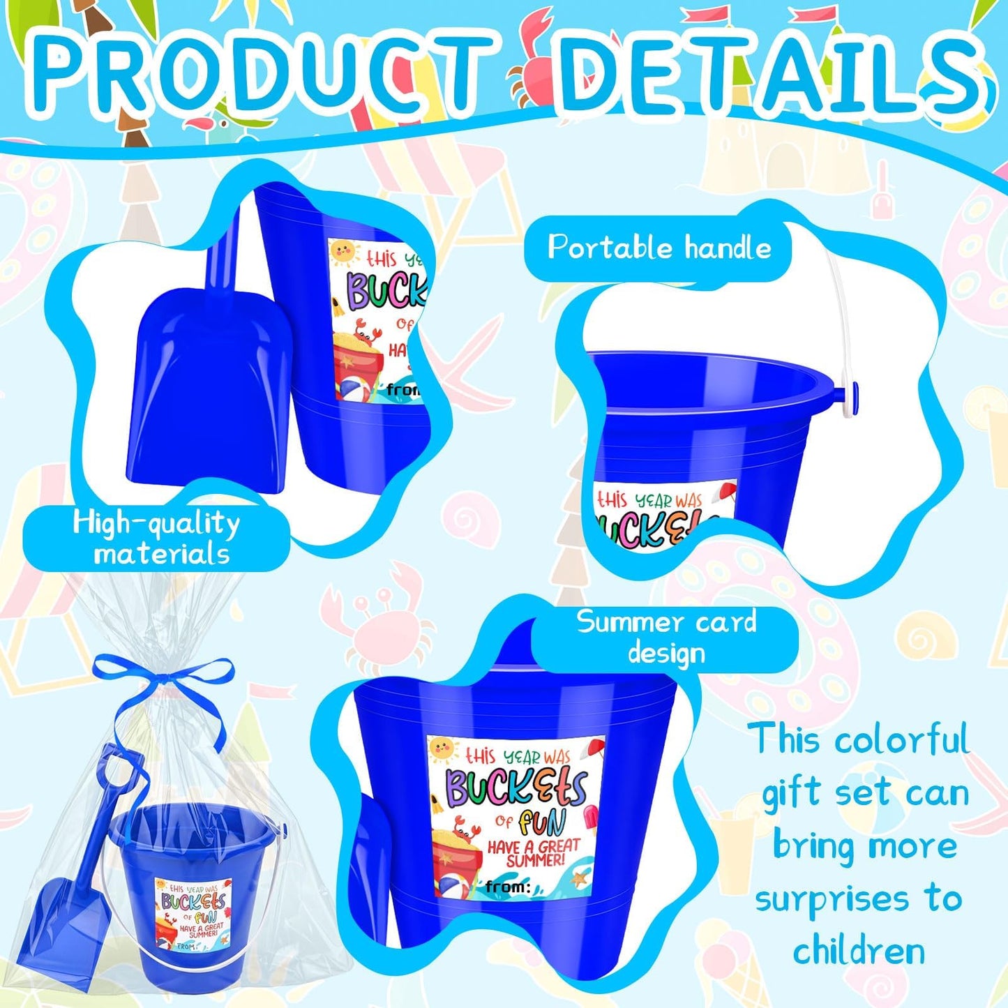 36 Sets End of Year Student Gifts Sand Buckets and Shovels Summer Cards Bulk Last Day of School Present from Teacher Classroom Prizes Summer Vacation Party Accessory for Pool Outdoor