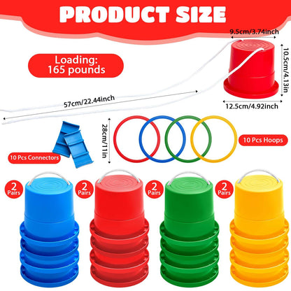 8 Pair Balancing Stilts for Kids and 1 Hopscotch Ring Game Set Thickened Walking Bucket with Adjustable Rope Hop Scotch Kid Balance Coordination Toy Indoor Outdoor Birthday Playground Game Party Favor