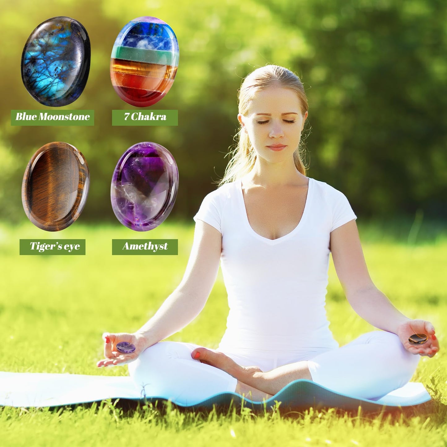 Roowest 4 Pcs Thumb Worry Stone for Anxiety Natural Crystal Healing Stone Chakras Amethyst Tiger Eye Quartz Pocket Hug Gift for Office Stress Meditation(Dreamsheen,Oval)