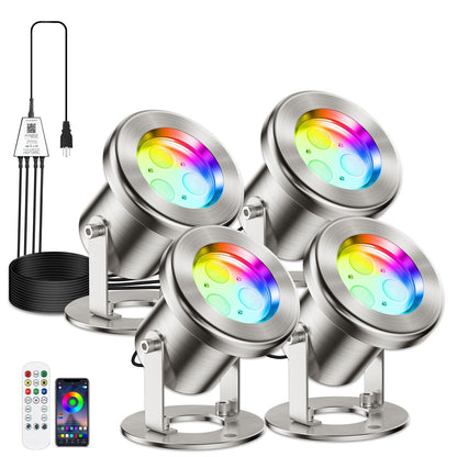 LyLmLe LED Pond Lights with APP Control, 6W SS316 Stainless Steel RGB Underwater Fountain Light with 12V Transformer, IP68 Waterproof Outdoor Underwater Lights for Pond Waterfall, Black Wire(4-Spots)