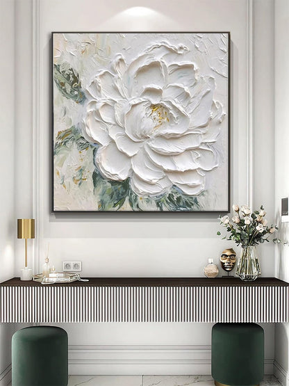Hand Painted White Flower Oil Painting for Kitchen, Large 3D Floral Canvas Wall Art for Living Room, Framd Modern Wall Decor for Bedroom,Office Home Decor 32" x 32"