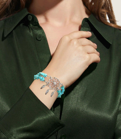 DOLIOX Boho Genuine Turquoise Bracelet for Women Western 925 Sterling Silver Gemstone Dream Catcher Bracelet Jewelry for Wife Mom Her