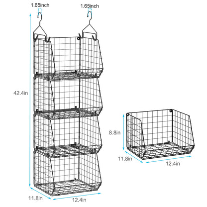 4 Tier Closet Hanging Organizer, Closet Organizers and Storage with 5 S Hooks, Closet Hanging Shelves & Freestanding Wire Storage Basket Bins, for Clothing Shoes Handbags Clutches Accessories Patent