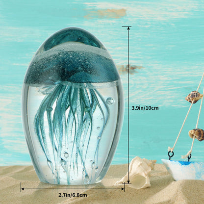 Sanbege Hand Blown Glass Jellyfish Figurine, Glow in The Dark Paperweight, Collectible Sea Creature Statue Decor for Home, Office, Party Decoration and Gift (Turquoise)
