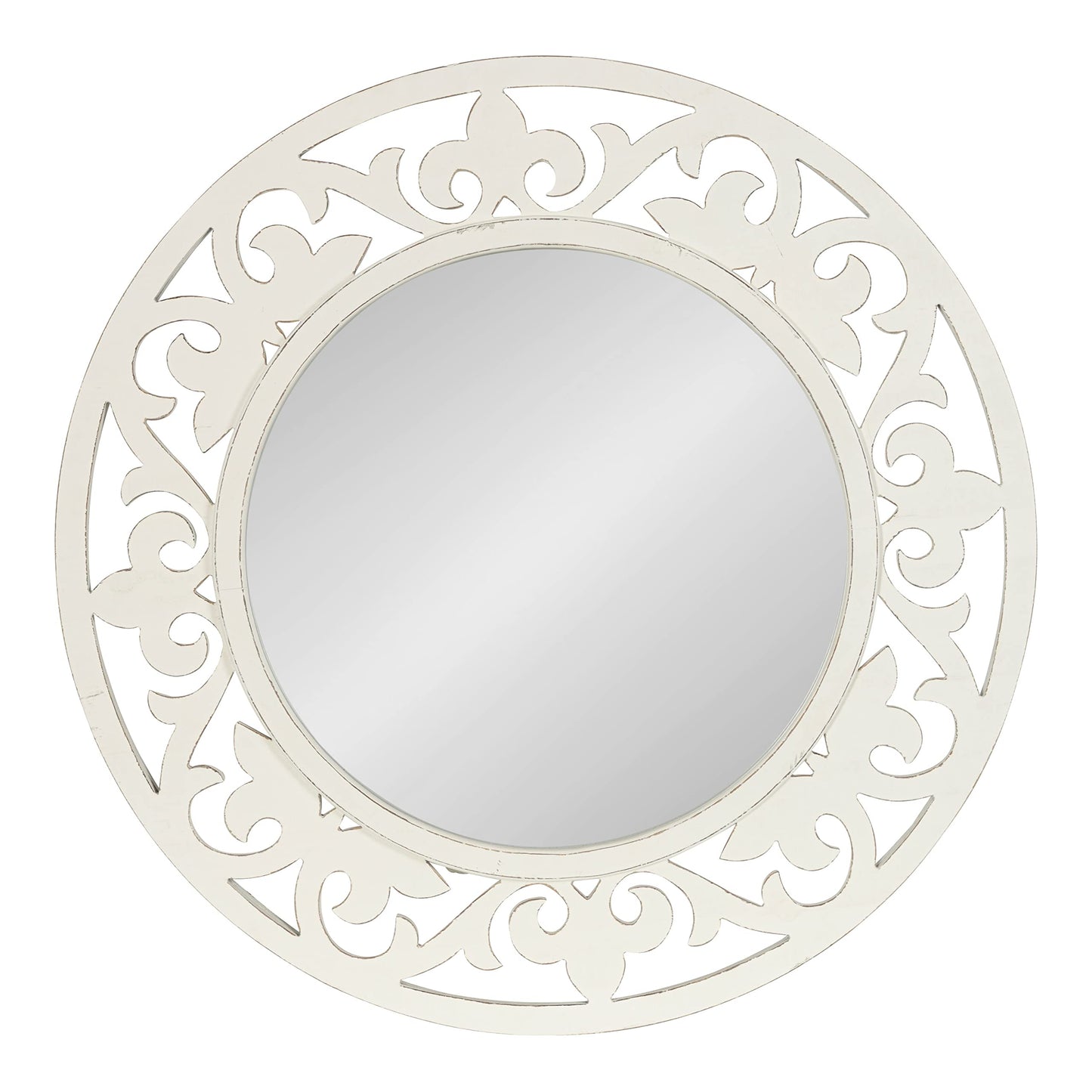 Kate and Laurel Shovali Coastal Round Mirror; 32 Inch Diameter; White; Decadent Wall Decor with Ornate Wood-Carved Frame