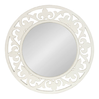 Kate and Laurel Shovali Coastal Round Mirror; 32 Inch Diameter; White; Decadent Wall Decor with Ornate Wood-Carved Frame