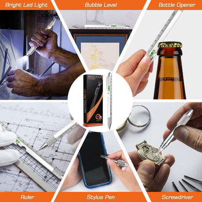 9 in 1 Multi-Tool Pen for Men, Tools with Ballpoint Pen, Screwdrivers, LED Light, Ruler, Stylus, Bubble Level and Bottle Opener, Practical Fathers Day Birthday Gifts for Men Dad Handyman DIY Lovers