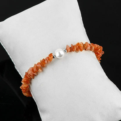 CRYSTALIS Natural Sunstone Beads Slider Bolo Bracelet with Elegant Pearl, Uncut Chips Nuggets Crystals, Chakra Healing Gemstone, Women Jewelry, 925 Sterling Silver Slider 10 inch