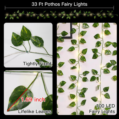 suddus Vine with Fairy Lights Battery Operated, 33ft100 LED Pothos String Lights with Remote, Leaf Lights for Bedroom, Room, Wall, Garden, Party, Wedding Dorm Decor(Warm White)
