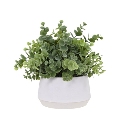 365 Blooming Decor Artificial Eucalyptus Plant–10.2"x11.4" Luxury Faux Potted Greenery in White Textured Pot with Real Pebbles, Premium Material, No Assembly, Farmhouse, Coffee Table, Bathroom Decor