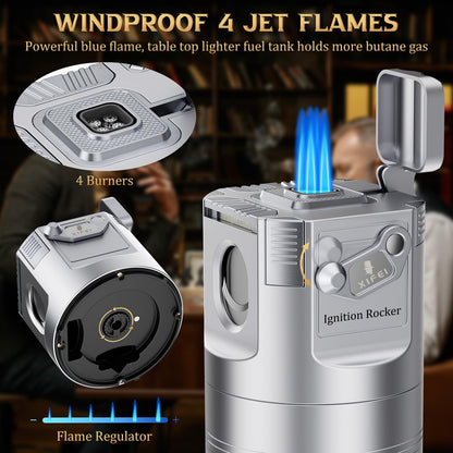 XIFEI 8-in-1 Desktop Cigar Lighter with Straight V-Cut Cutter, 3 Ashtrays, 3 Draw Enhancer Tools, 2 Stands, Cigar Punch, 4 Jet Flame Butane Torch Lighters, Luxury Accessories Gift Set (Silver)