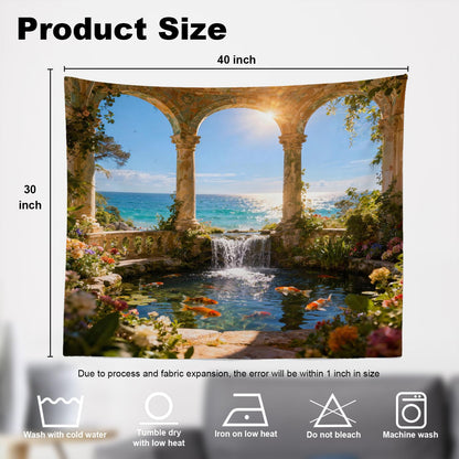 Shrahala Green Beautiful Landscape Wall Tapestry, Palace Beauty Retro Pavilion Waterfall Nature Scenery Wall Hanging Large Tapestry Decoration Fiber White Hem Around For Dorm Room Bedroom 30 X 40 In
