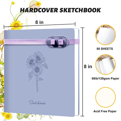 Yoment Hardcover Sketch Book, Sketchbook for Drawing with 2 Pencils, 150GSM Thick Paper, Square Art Sketch Book Drawing Paper Book 160 Pages Sketch Pad Journal for Women Adults,Gift Boxed,Purple