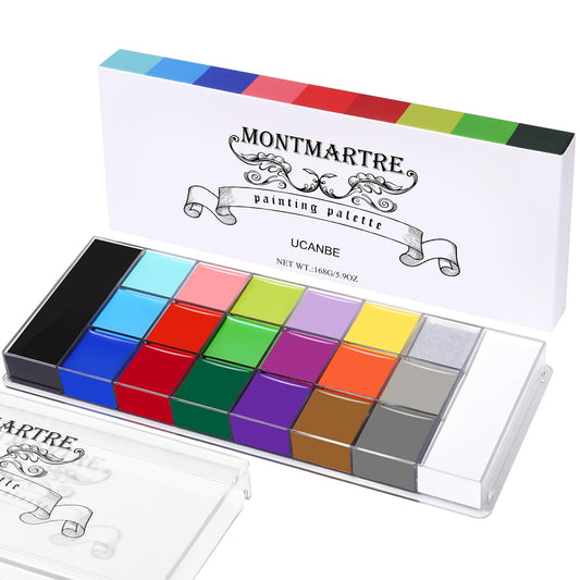 UCANBE Montmartre Face Body Paint Palette, 20 Colors Oil-Based Large Black & White Professional Painting Palette for Halloween FX Cosplay Party Costume Festival Stage Art Makeup Full Size 5.9oz