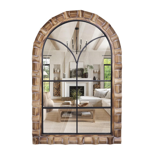 XGGJWW 36x24 Inch Arched Window Pane Wall Mirror - Rustic Farmhouse Solid Wood Decorative Mirror for for Living Room, Bedroom, Entryway & Bathroom