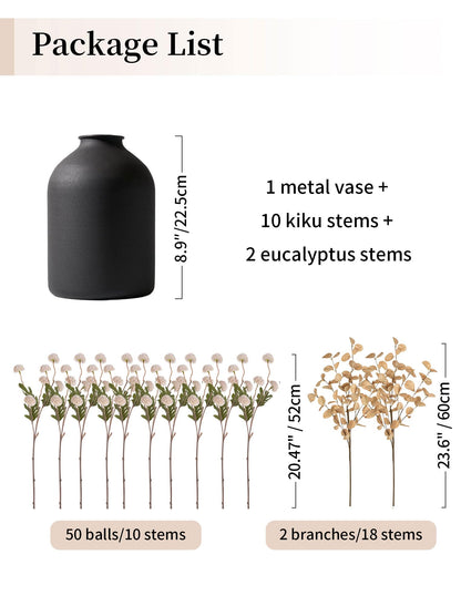 BLOSMON Fake Flowers Centerpieces for Tables: Gifts for Women Metal Vase with 12 Stems of Artificial Mums Kiku Eucalyptuses for Dining Room - Beige Faux Floral Arrangements in vase for Mothers Day