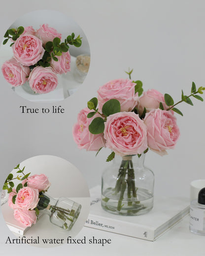 CHASMILE Artificial Flowers with Pink Roses in Vase, Lifelike Fake Flowers in Vase, Faux Flower Arrangements for Dining Table Centerpiece Decor, Table Centerpieces for Dining Room