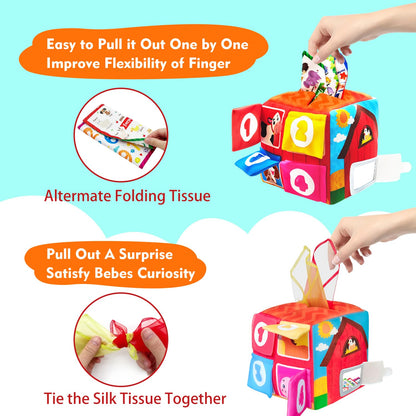 Baby Tissue Box Toys for 6-12 Months, 13PCS Surprise Barn Toy with Stuffed Farm Animals, Rattle, Soft Paper, Mirror, Montessori Educational Sensory Toys for Babies,Sensory Toys for Toddlers